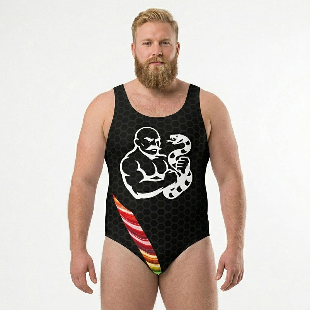 Man wearing a black butcher wrestling singlet with a snake and muscular design on a black background