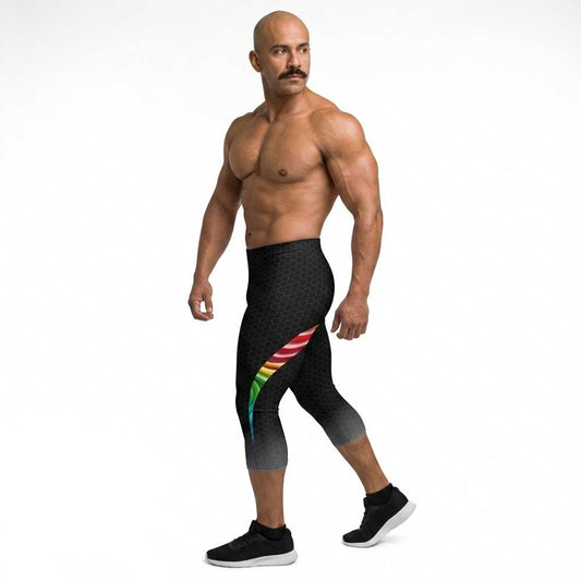 Queer Strength Capri Bodybuilding Tights by LED Queens—black honeycomb spandex with rainbow side panels and original Queer Strength mark. Unity '26 Pride Collection 2026.