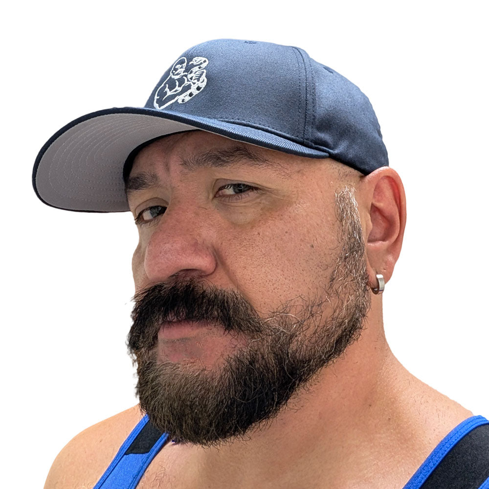 The Snake Hierophant Baseball Hat – Fitted Curved-Brim Cap with Mustached Bodybuilder and Snake Embroidery
