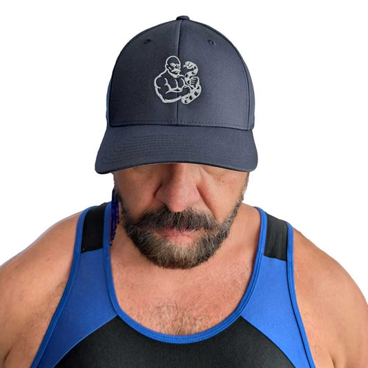 Queer Strength Baseball Hat – Fitted Curved-Brim Cap with Mustached Bodybuilder and Snake Embroidery