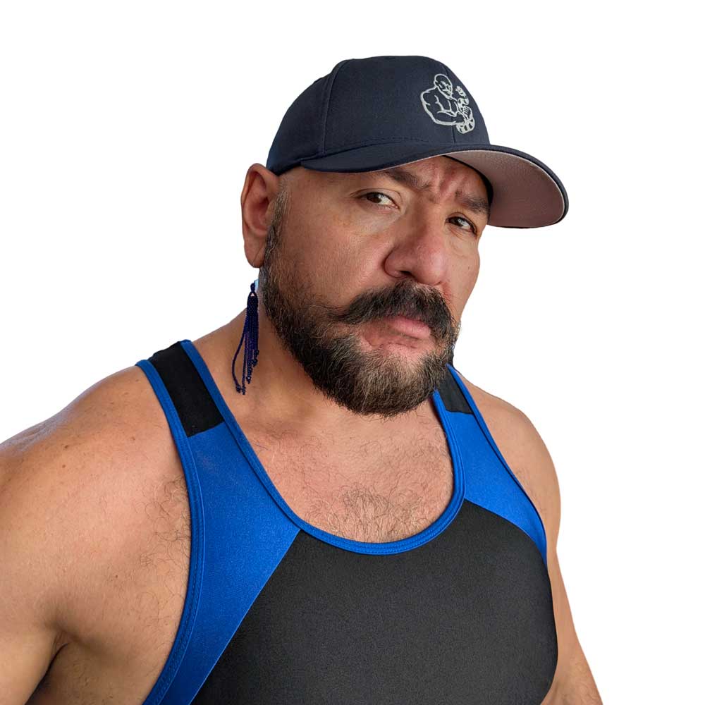 The Snake Hierophant Baseball Hat – Fitted Curved-Brim Cap with Mustached Bodybuilder and Snake Embroidery