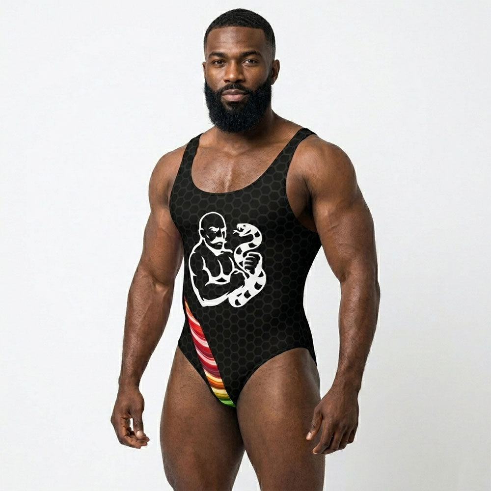 Person wearing a black butcher wrestling singlet with a rainbow stripe on a black background