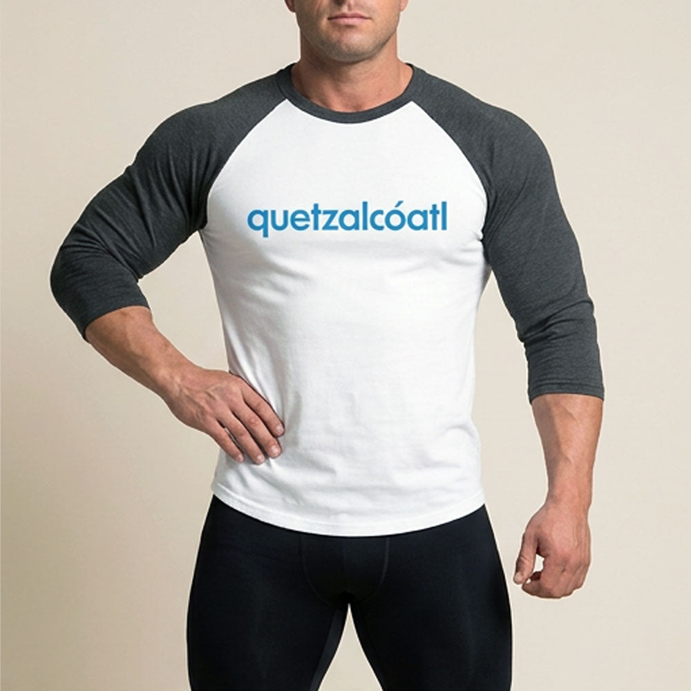 Quetzalcóatl 3/4 baseball tee: white body, charcoal raglan sleeves, name printed in blue across the chest.