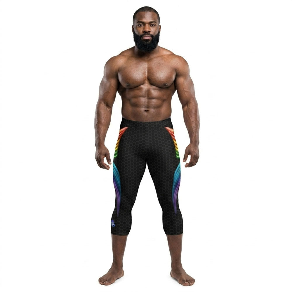 Man wearing black leggings with rainbow accents on a white background