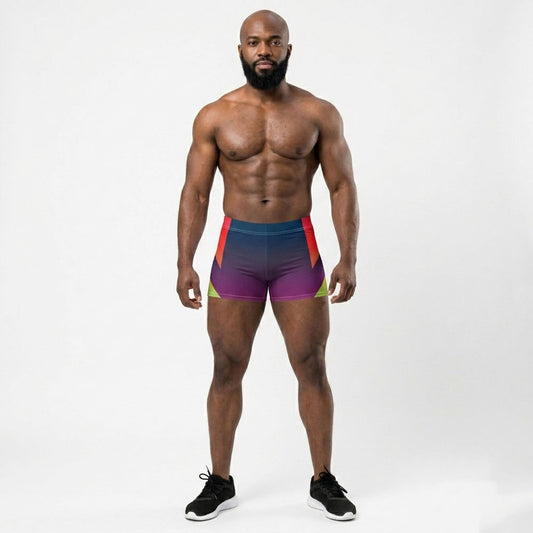 Muscular model wearing LED Queens Hypertrophy Spandex Shorts with bold geometric chevrons in red, orange, yellow-green, and lime on a navy-to-purple gradient base