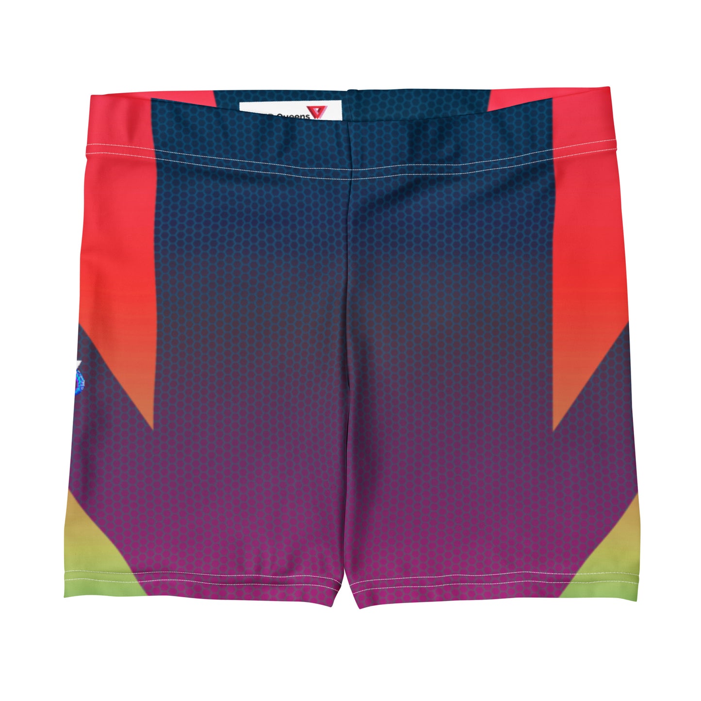 LED Queens Hypertrophy Spandex Shorts with bold geometric chevrons in red, orange, yellow-green, and lime on a navy-to-purple gradient base
