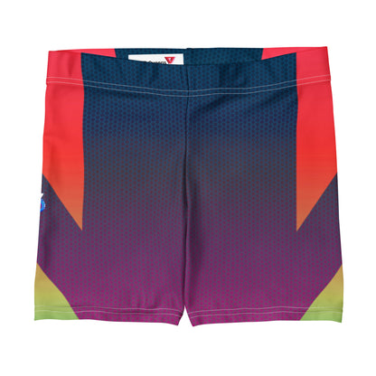 LED Queens Hypertrophy Spandex Shorts with bold geometric chevrons in red, orange, yellow-green, and lime on a navy-to-purple gradient base