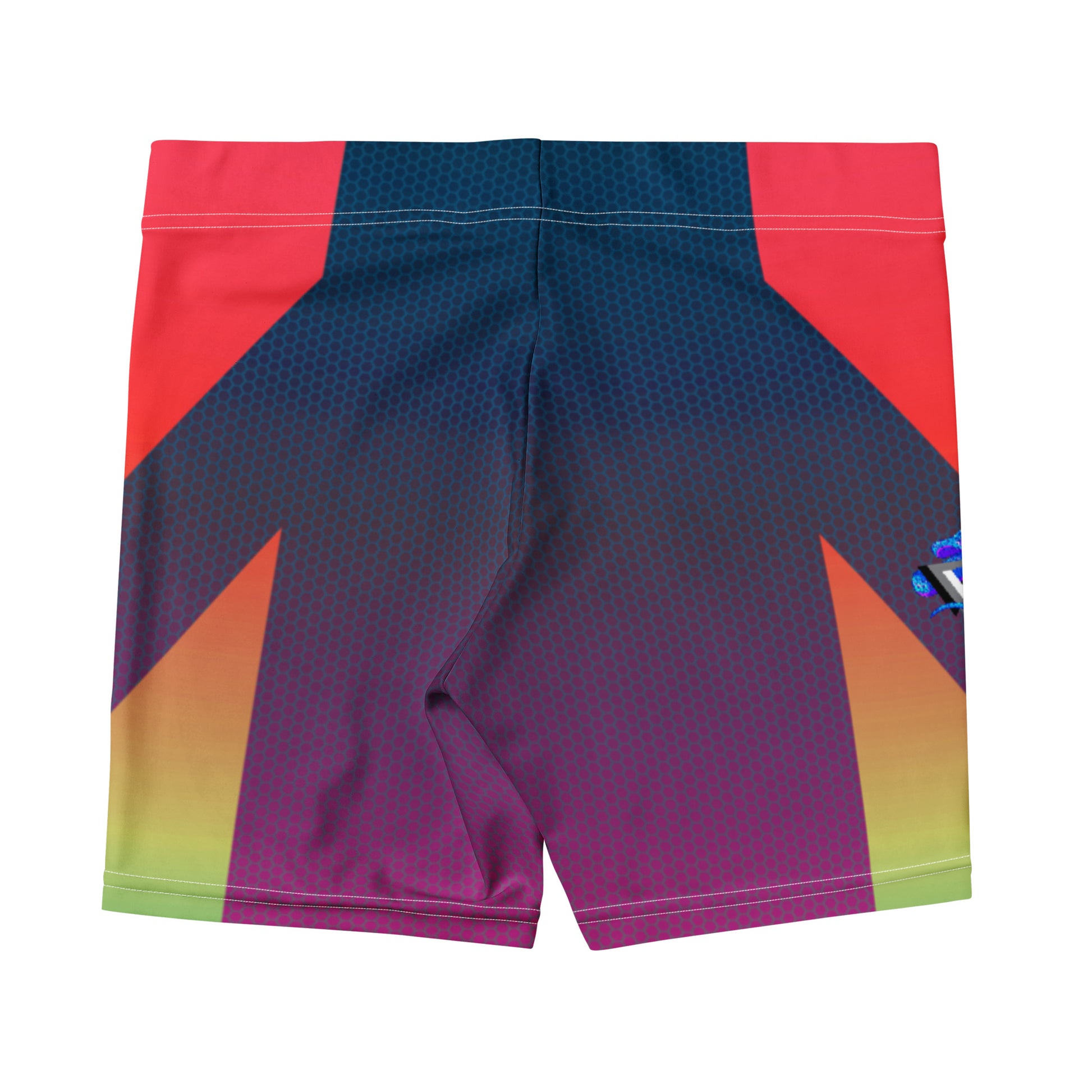 LED Queens Hypertrophy Spandex Shorts with bold geometric chevrons in red, orange, yellow-green, and lime on a navy-to-purple gradient base