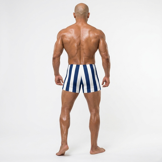 Bodybuilder wearing Spandex shorts with white and blue stripes
