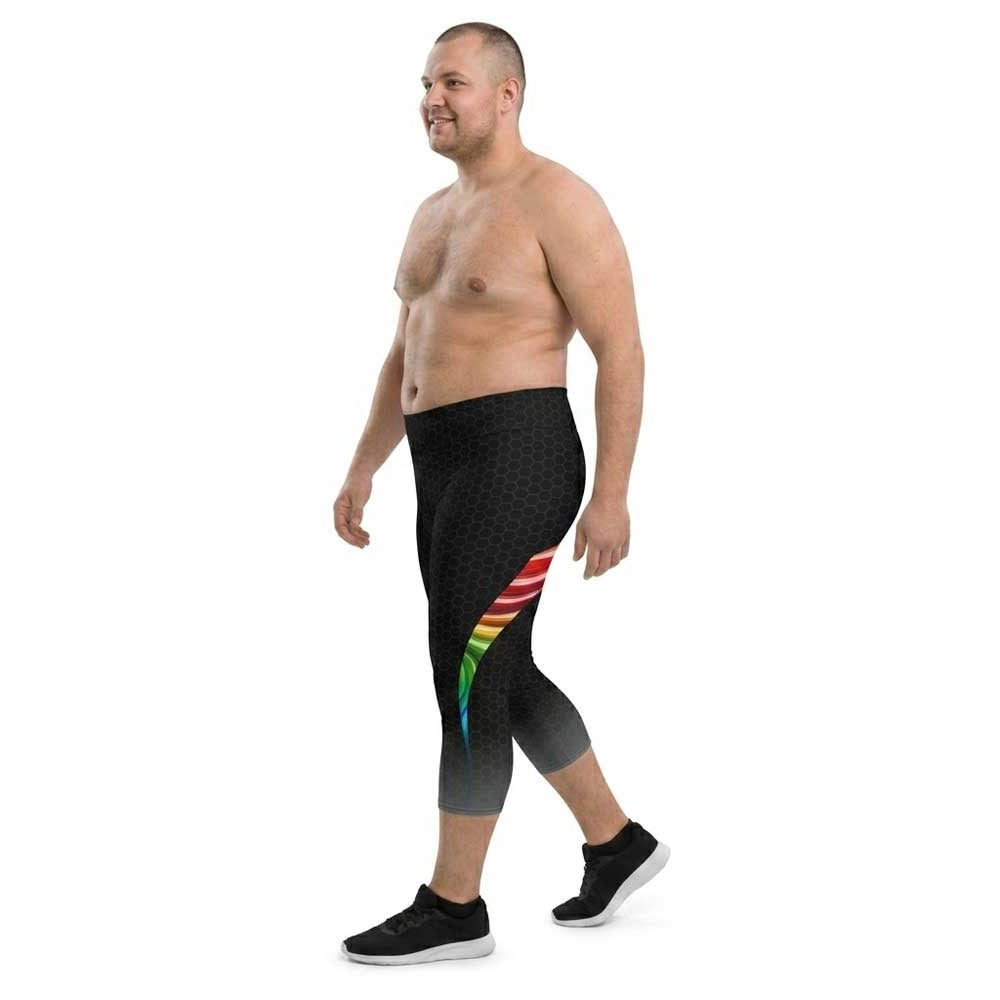 Queer Strength Capri Bodybuilding Tights by LED Queens—black honeycomb spandex with rainbow side panels and original Queer Strength mark. Unity '26 Pride Collection 2026.