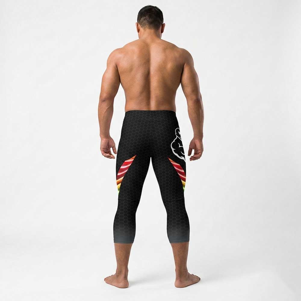 Queer Strength Capri Bodybuilding Tights by LED Queens—black honeycomb spandex with rainbow side panels and original Queer Strength mark. Unity '26 Pride Collection 2026.
