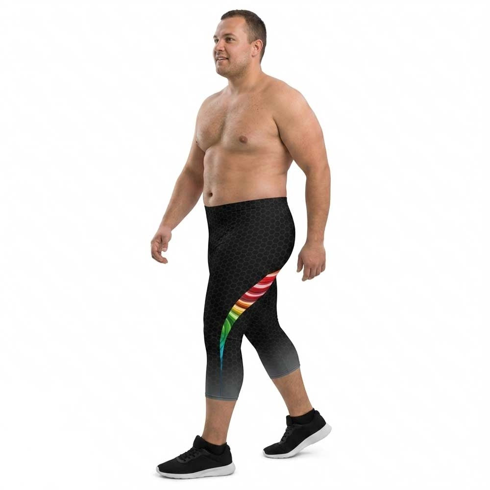 Queer Strength Capri Bodybuilding Tights by LED Queens—black honeycomb spandex with rainbow side panels and original Queer Strength mark. Unity '26 Pride Collection 2026.