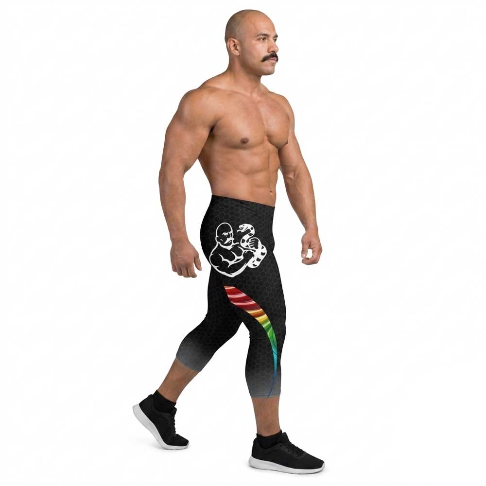 Queer Strength Capri Bodybuilding Tights by LED Queens—black honeycomb spandex with rainbow side panels and original Queer Strength mark. Unity '26 Pride Collection 2026.