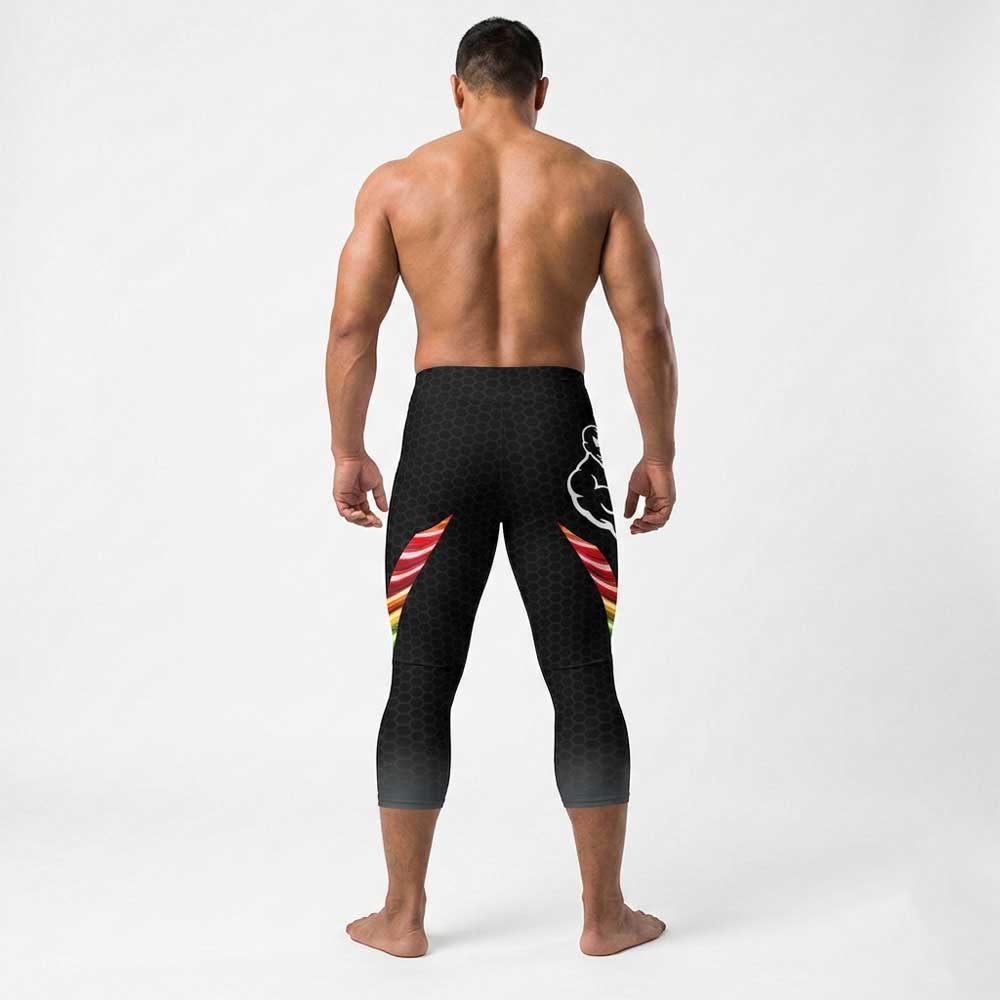 Queer Strength Capri Bodybuilding Tights by LED Queens—black honeycomb spandex with rainbow side panels and original Queer Strength mark. Unity '26 Pride Collection 2026.