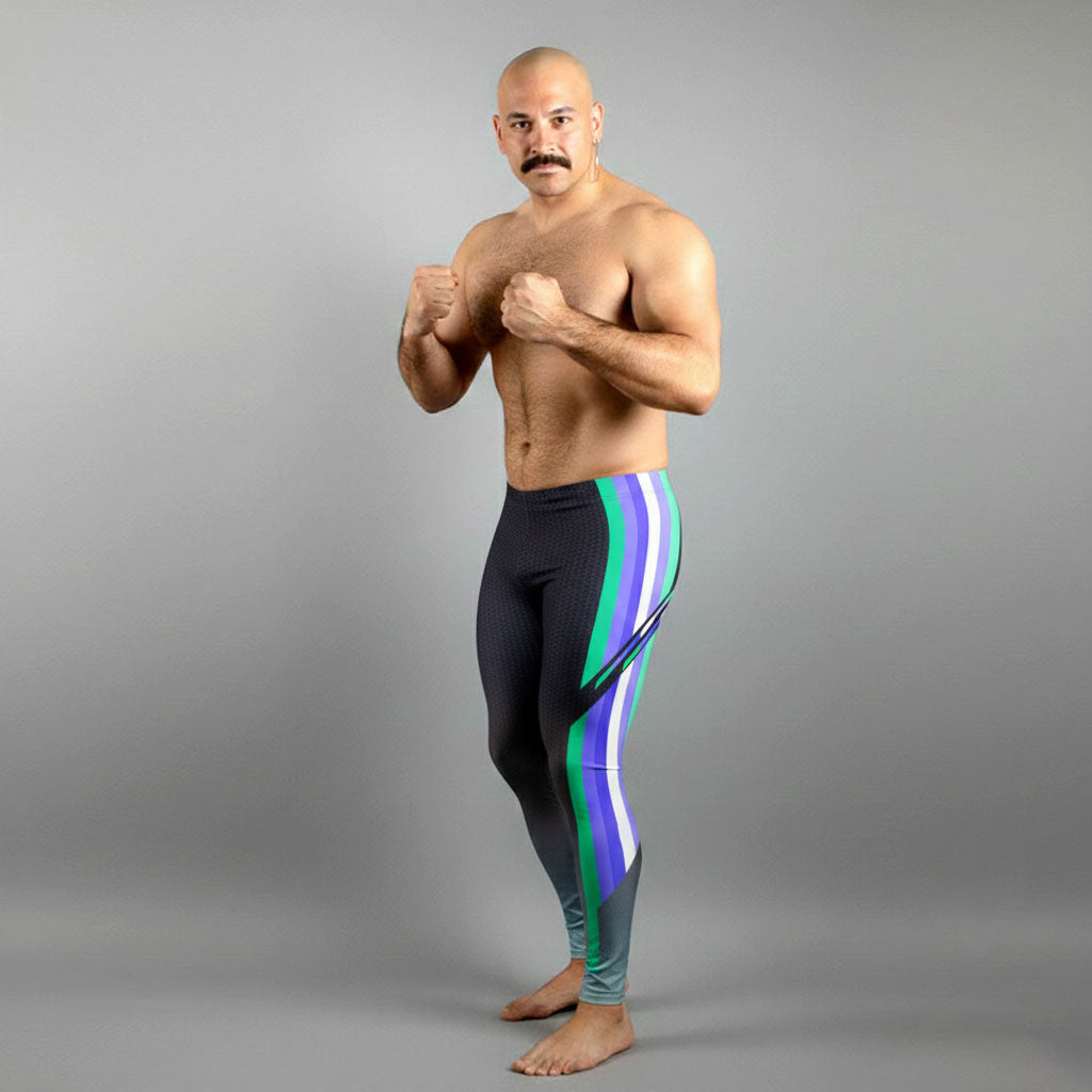 Male bodybuilder in MLM Pride flag colors bodybuilding tights with quetzal emerald green accents.