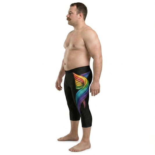 Man wearing black leggings with a colorful design on a black background