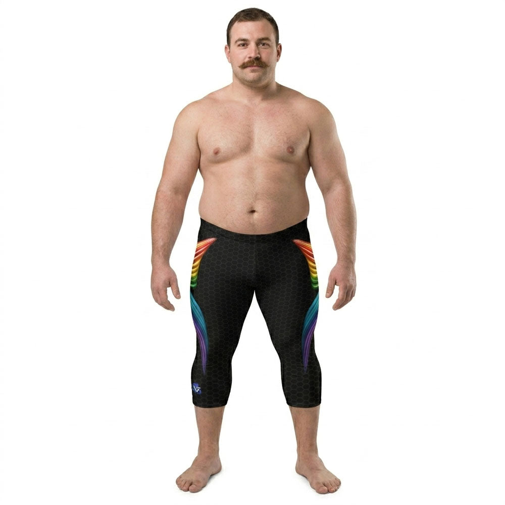 Man wearing blackcapri tights with rainbow design on a white background