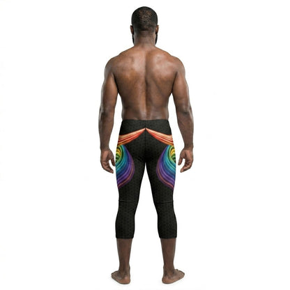 Person wearing black capri leggings with colorful abstract design on a white background