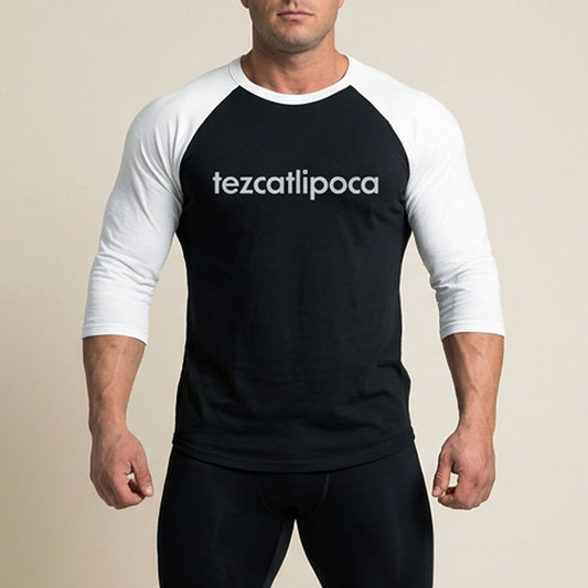 Tezcatlipoca 3/4 baseball tee: black body, white raglan sleeves, name printed in white across the chest.