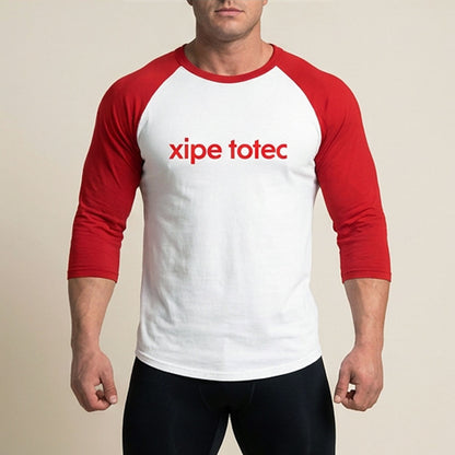 Xipe Totec 3/4 baseball tee: white body, red raglan sleeves, name printed in red across the chest.