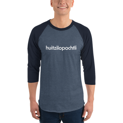 Huitzilopochtli 3/4 baseball tee: blue body, navy blue raglan sleeves, name printed in white across the chest.