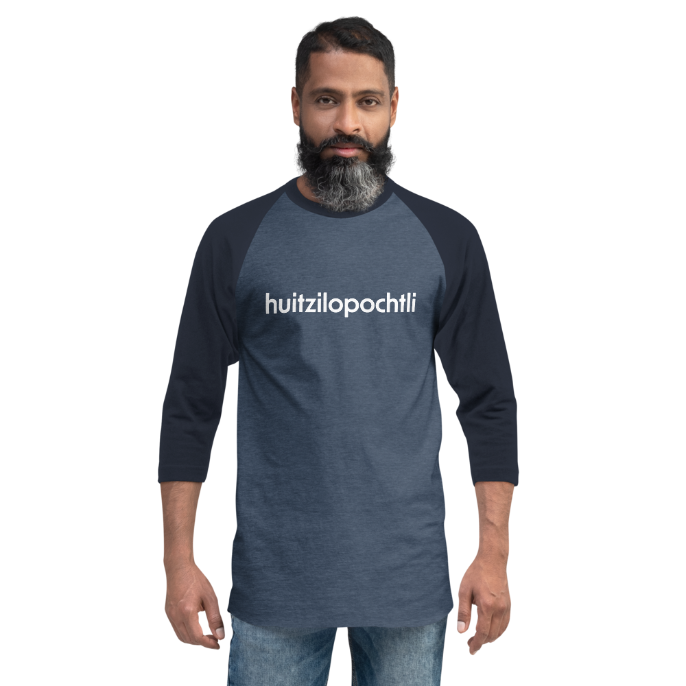 Huitzilopochtli 3/4 baseball tee: blue body, navy blue raglan sleeves, name printed in white across the chest.