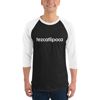 Tezcatlipoca 3/4 baseball tee: black body, white raglan sleeves, name printed in white across the chest.