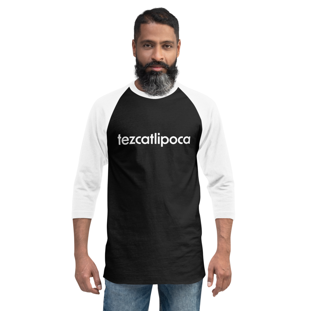 Tezcatlipoca 3/4 baseball tee: black body, white raglan sleeves, name printed in white across the chest.