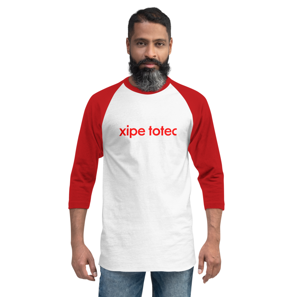 Xipe Totec 3/4 baseball tee: white body, red raglan sleeves, name printed in red across the chest.