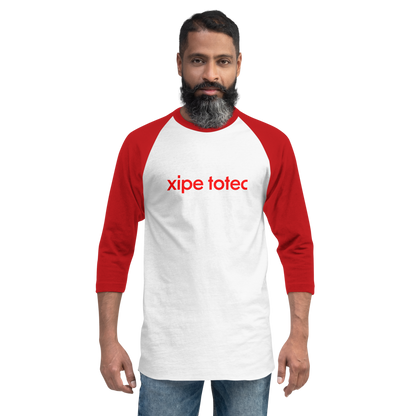 Xipe Totec 3/4 baseball tee: white body, red raglan sleeves, name printed in red across the chest.