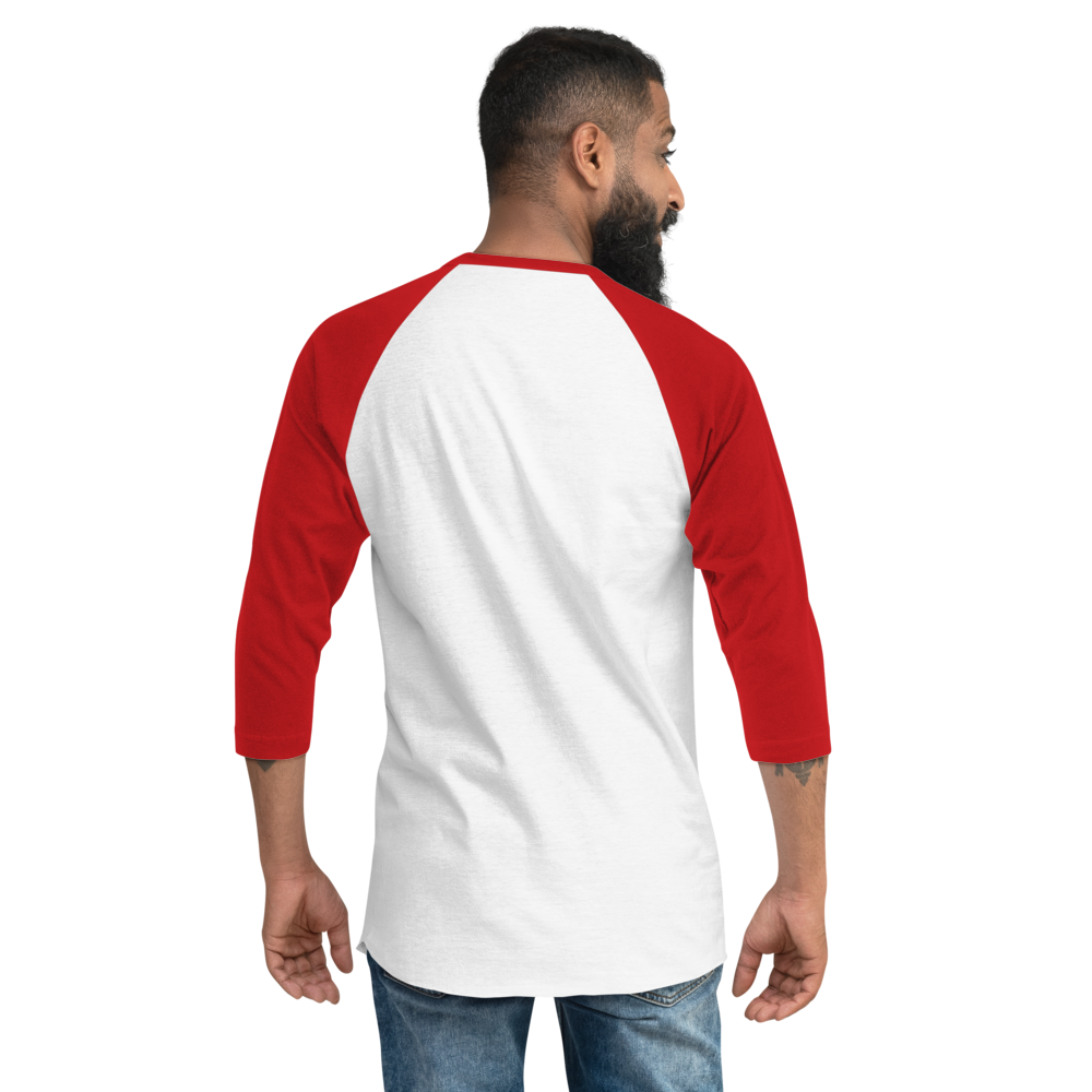 Xipe Totec 3/4 baseball tee: white body, red raglan sleeves, name printed in red across the chest.