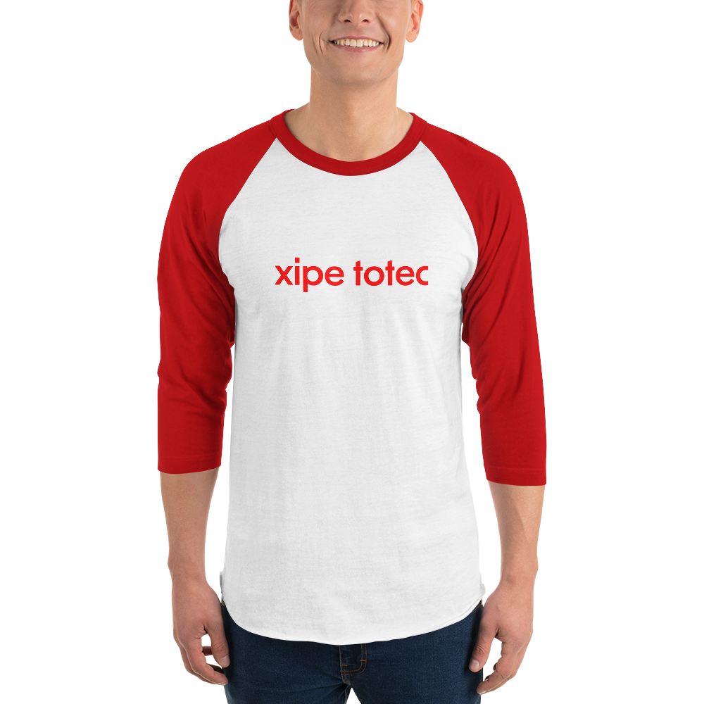 Xipe Totec 3/4 baseball tee: white body, red raglan sleeves, name printed in red across the chest.