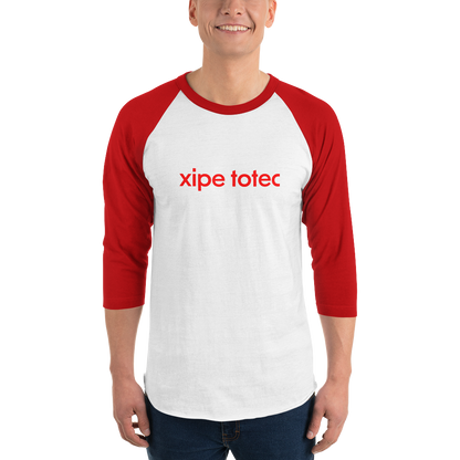 Xipe Totec 3/4 baseball tee: white body, red raglan sleeves, name printed in red across the chest.